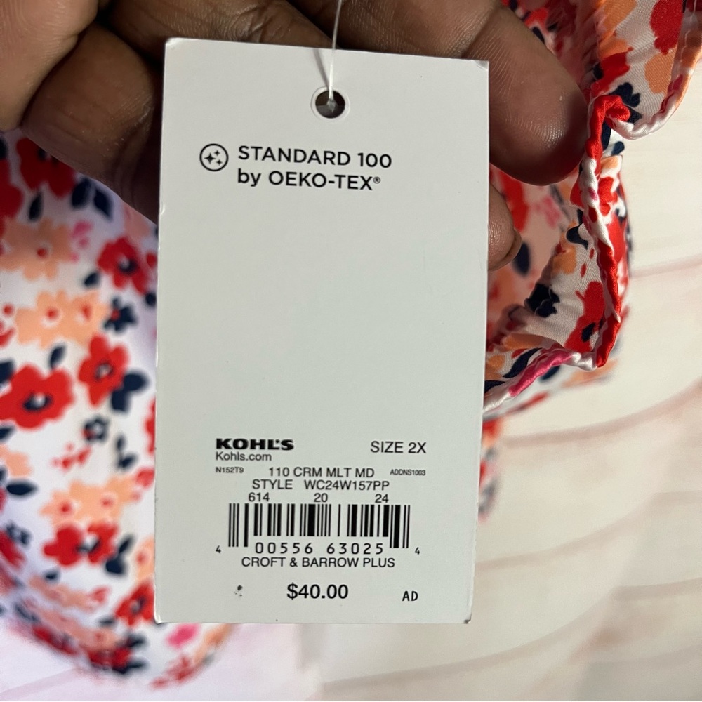 Croft & Barrow NWT Multicolor Floral Print Ruffle Tie Neck Blouse Size 2X - Picture 8 of 8